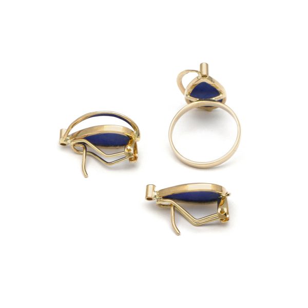 Juego de anillo y aretes calados con lapislazuli y sintéticos en oro amarillo 14 kilates. For Discount