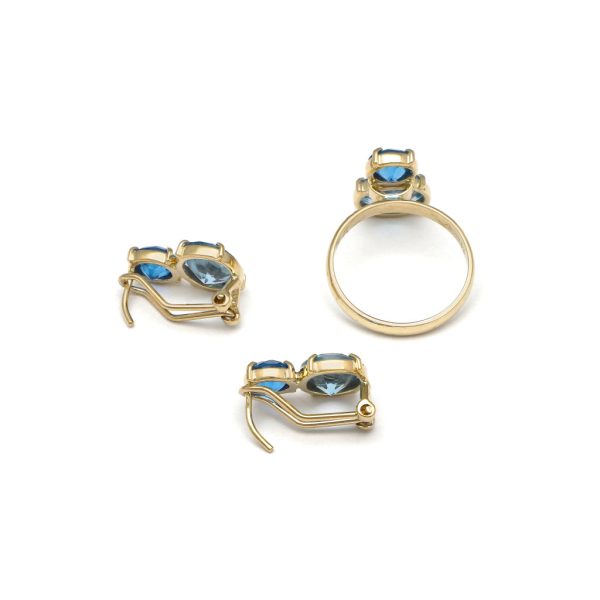 Juego de anillo y aretes diseño especial con agua marina y topacio azul en oro amarillo 14 kilates. Online Hot Sale