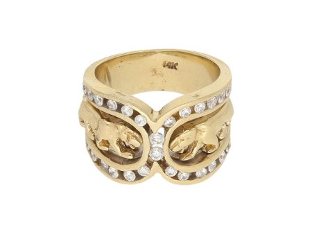 Anillo diseño especial con aplicaciones motivo pantera y sintéticos en oro amarillo 14 kilates. Online