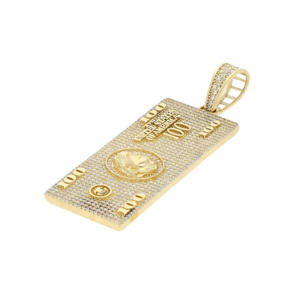 Dije diseño especial motivo billete con circonias en oro amarillo 14 kilates. For Discount