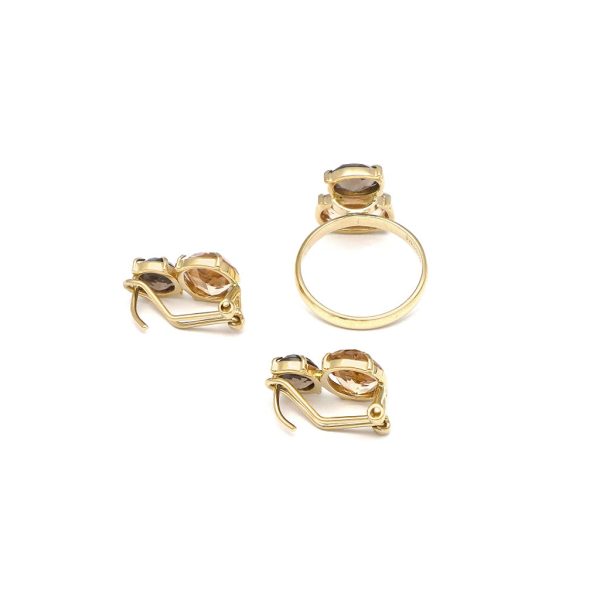 Juego de anillo y aretes diseño especial con topacio ahumado en oro amarillo 14 kilates. Online