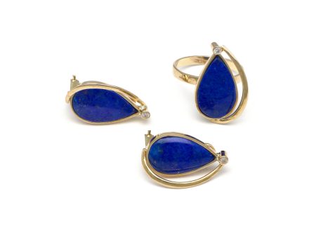 Juego de anillo y aretes calados con lapislazuli y sintéticos en oro amarillo 14 kilates. For Discount