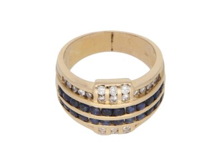 Anillo acanalado con diamantes y zafiros en oro amarillo 18 kilates. Online Sale