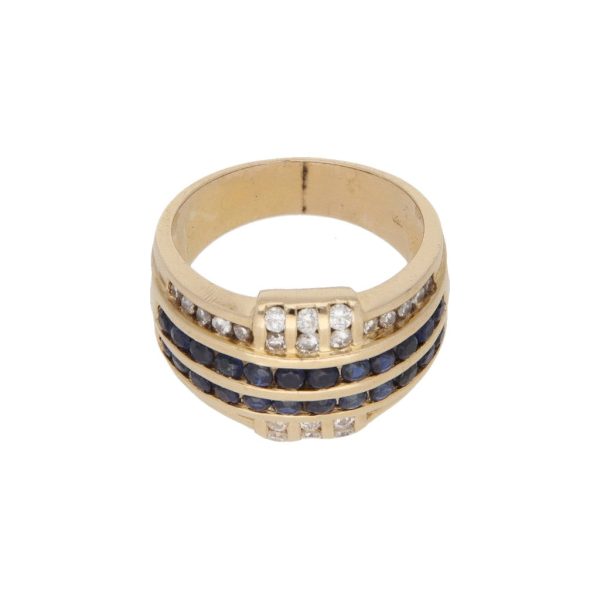 Anillo acanalado con diamantes y zafiros en oro amarillo 18 kilates. Online Sale