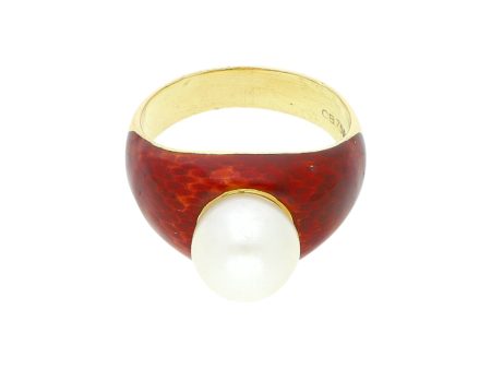 Anillo diseño especial con perla y esmalte en oro amarillo 18 kilates. For Discount