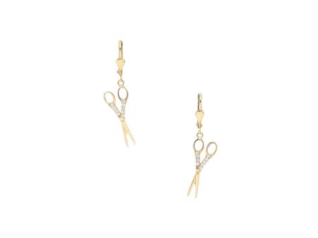 Aretes diseño especial con circonias motivo tijeras en oro amarillo 14 kilates. Hot on Sale