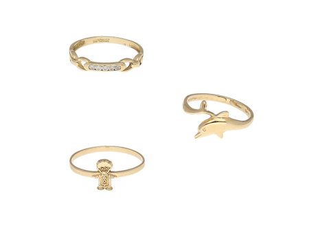 Tres anillos diseño especial motivo niño y delfin con circonias en oro amarillo 14 kilates. Supply